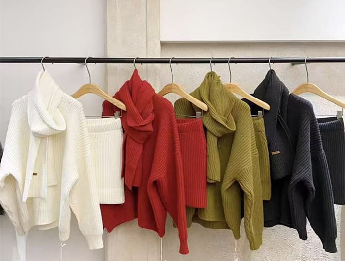 Set: Round Neck Solid Ribbed Sweater + High Waist Knit Mini Pencil Skirt + Scarf