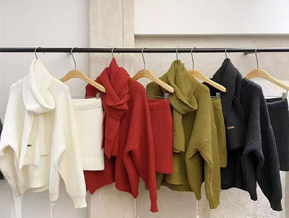 Set: Round Neck Solid Ribbed Sweater + High Waist Knit Mini Pencil Skirt + Scarf
