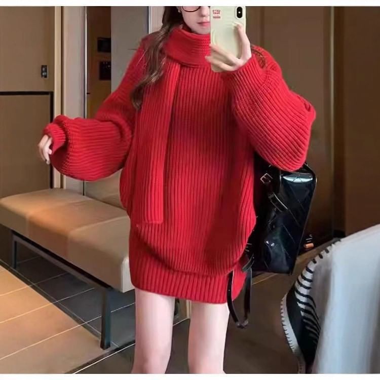 Set: Round Neck Solid Ribbed Sweater + High Waist Knit Mini Pencil Skirt + Scarf