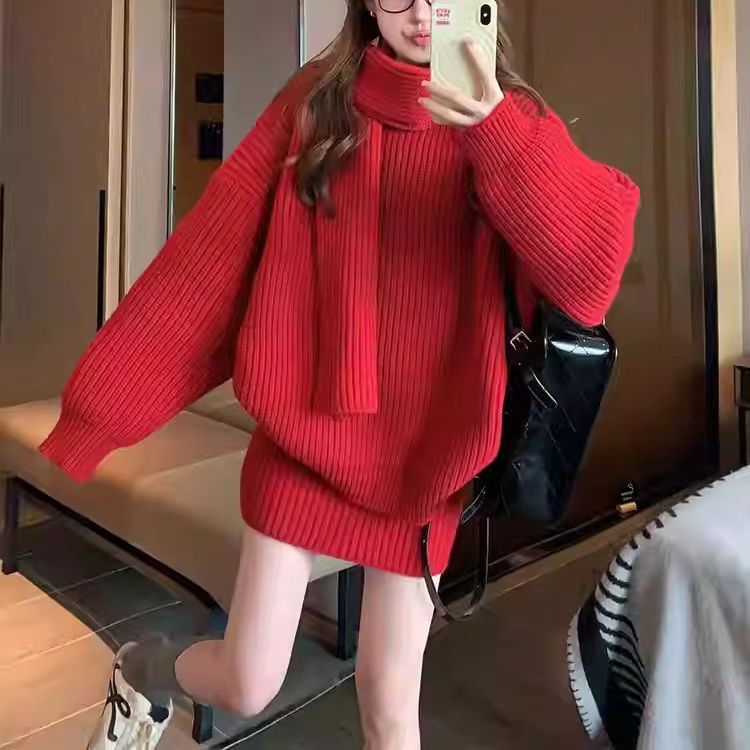 Set: Round Neck Solid Ribbed Sweater + High Waist Knit Mini Pencil Skirt + Scarf