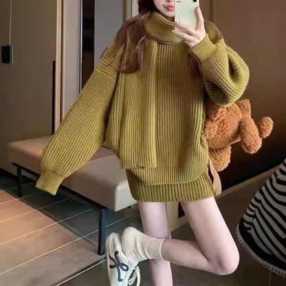 Set: Round Neck Solid Ribbed Sweater + High Waist Knit Mini Pencil Skirt + Scarf