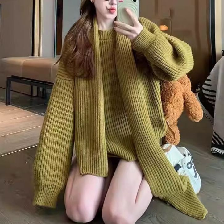 Set: Round Neck Solid Ribbed Sweater + High Waist Knit Mini Pencil Skirt + Scarf