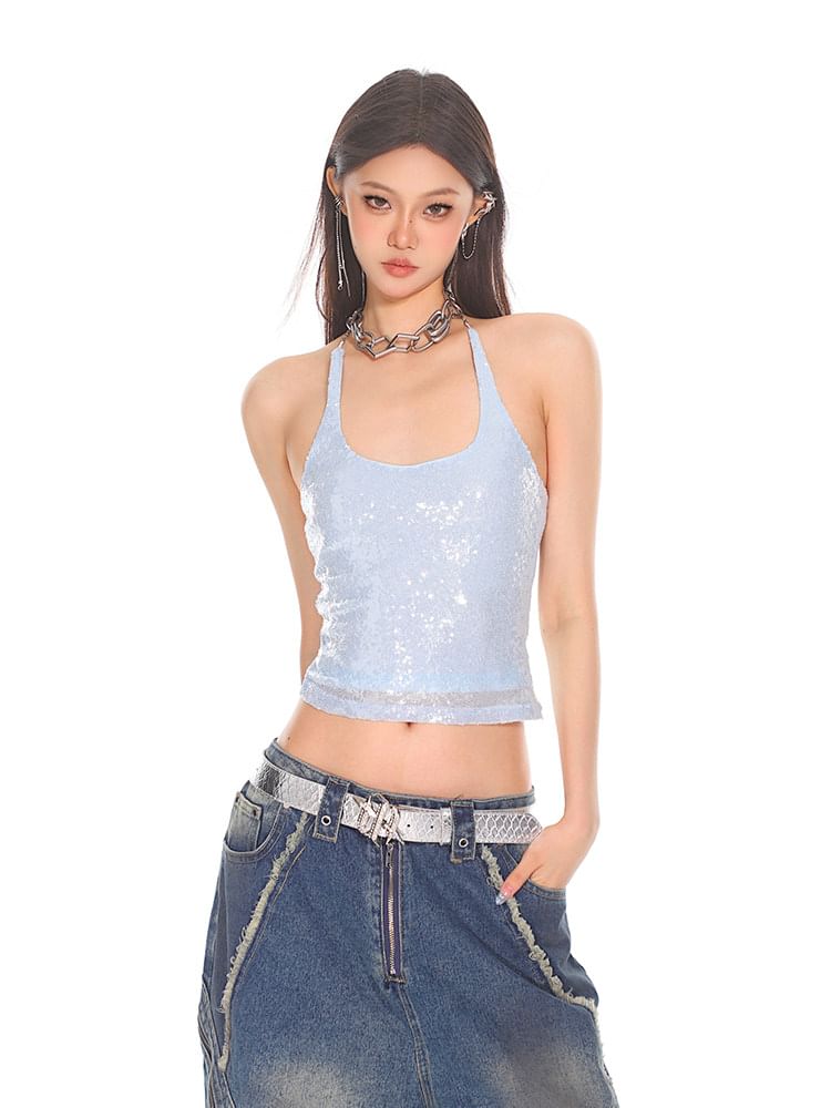 Halter Neck Sequin Open Back Cropped Tee