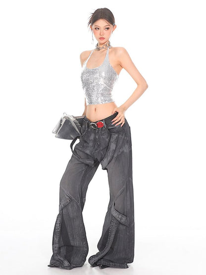 Halter Neck Sequin Open Back Cropped Tee