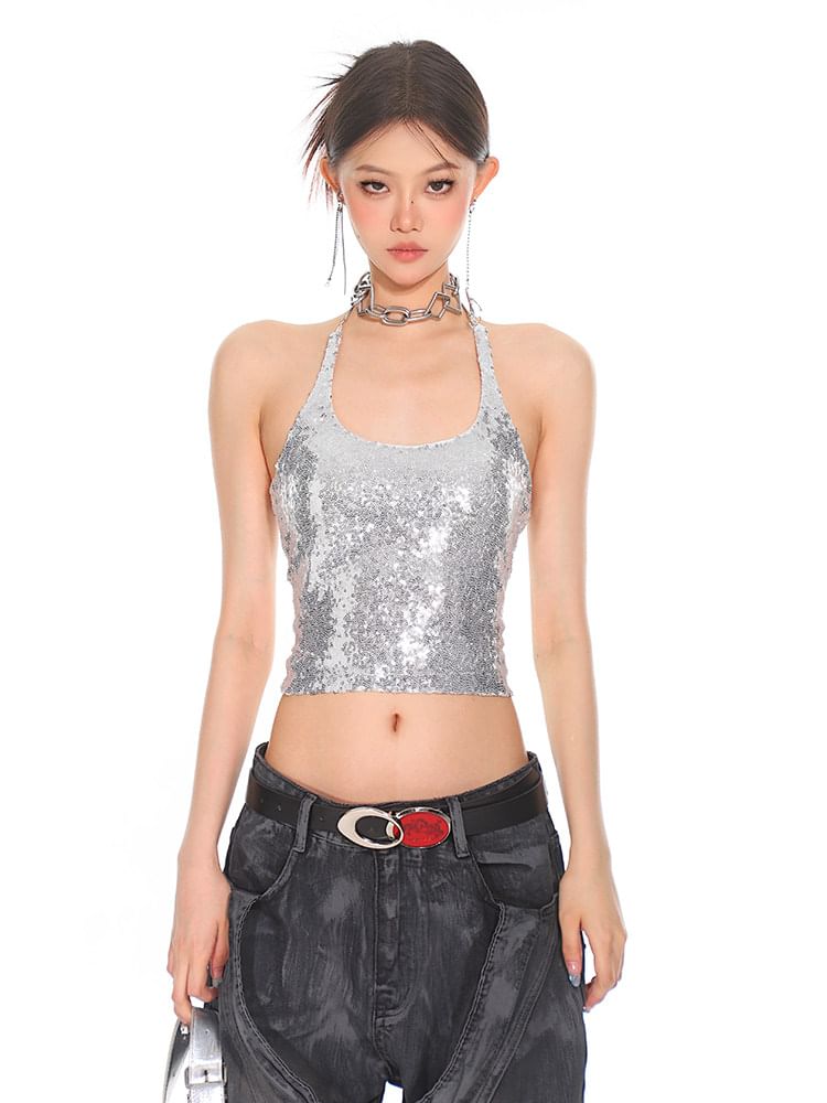 Halter Neck Sequin Open Back Cropped Tee