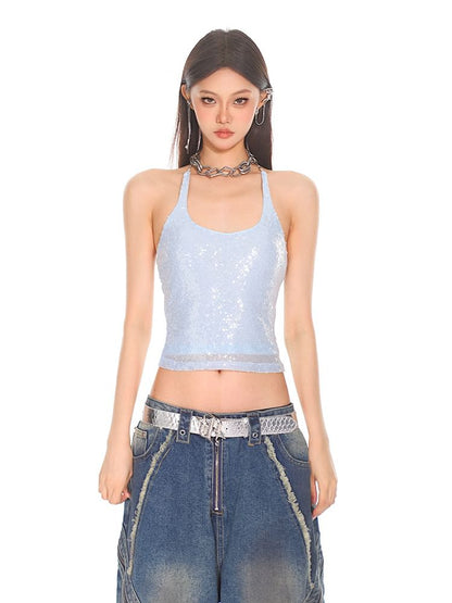 Halter Neck Sequin Open Back Cropped Tee