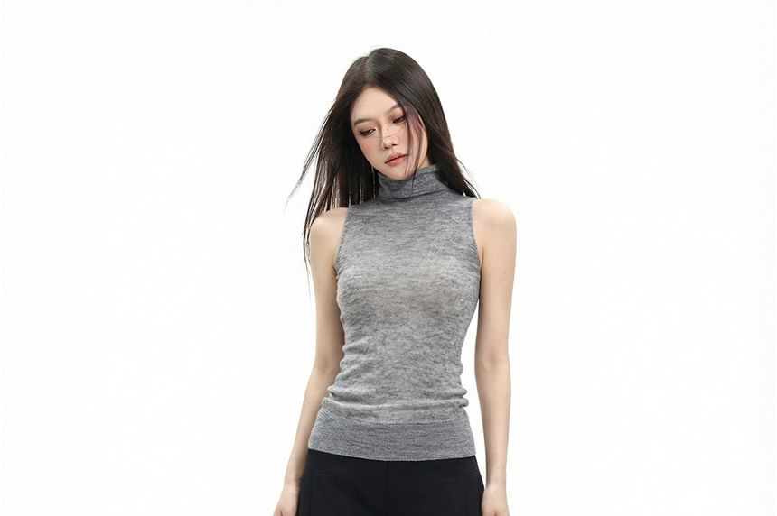 Turtleneck Solid Knit Sleeveless Top