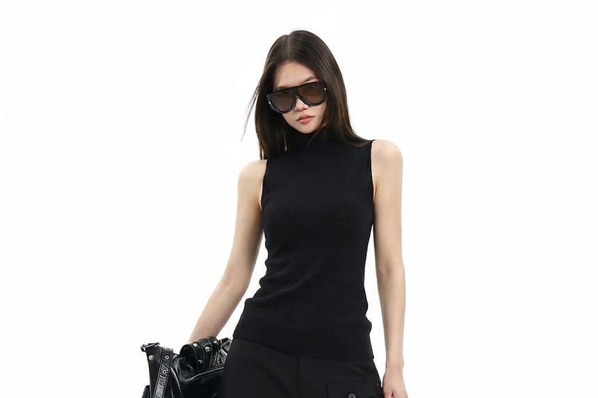 Turtleneck Solid Knit Sleeveless Top