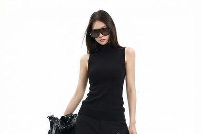 Turtleneck Solid Knit Sleeveless Top