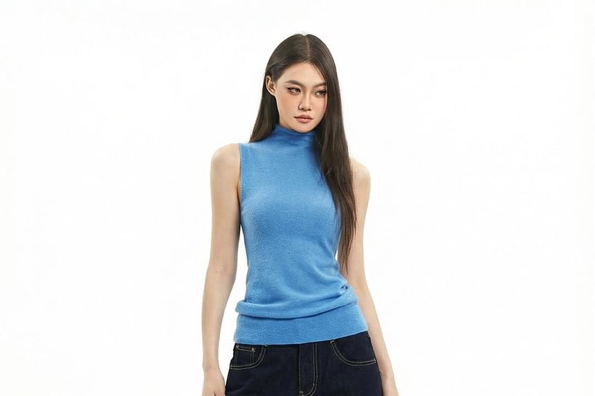 Turtleneck Solid Knit Sleeveless Top