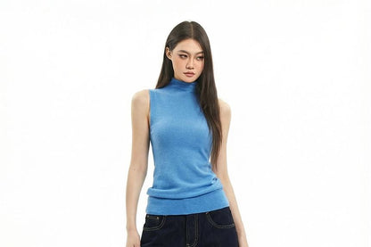 Turtleneck Solid Knit Sleeveless Top