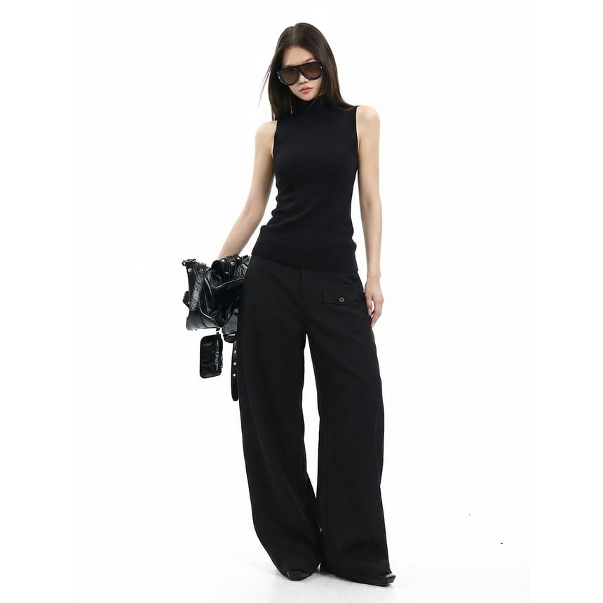 Turtleneck Solid Knit Sleeveless Top