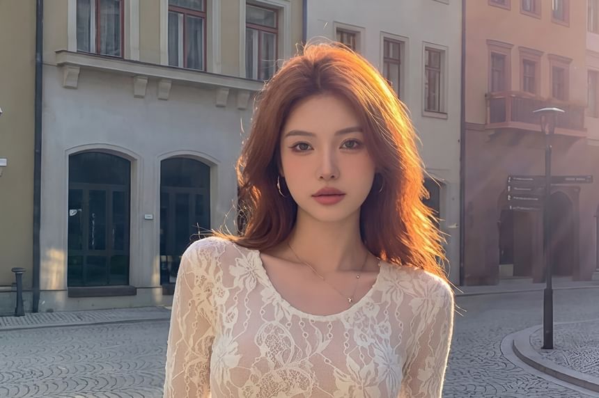 Crew Neck Lace Long-Sleeve Blouse
