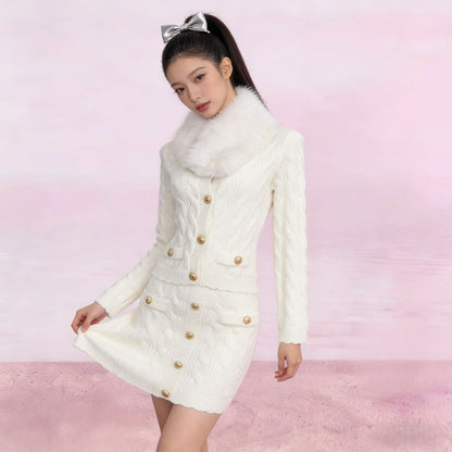 Fluffy Collar V-Neck Button-Up Cardigan + High Waist Mini Knit Skirt