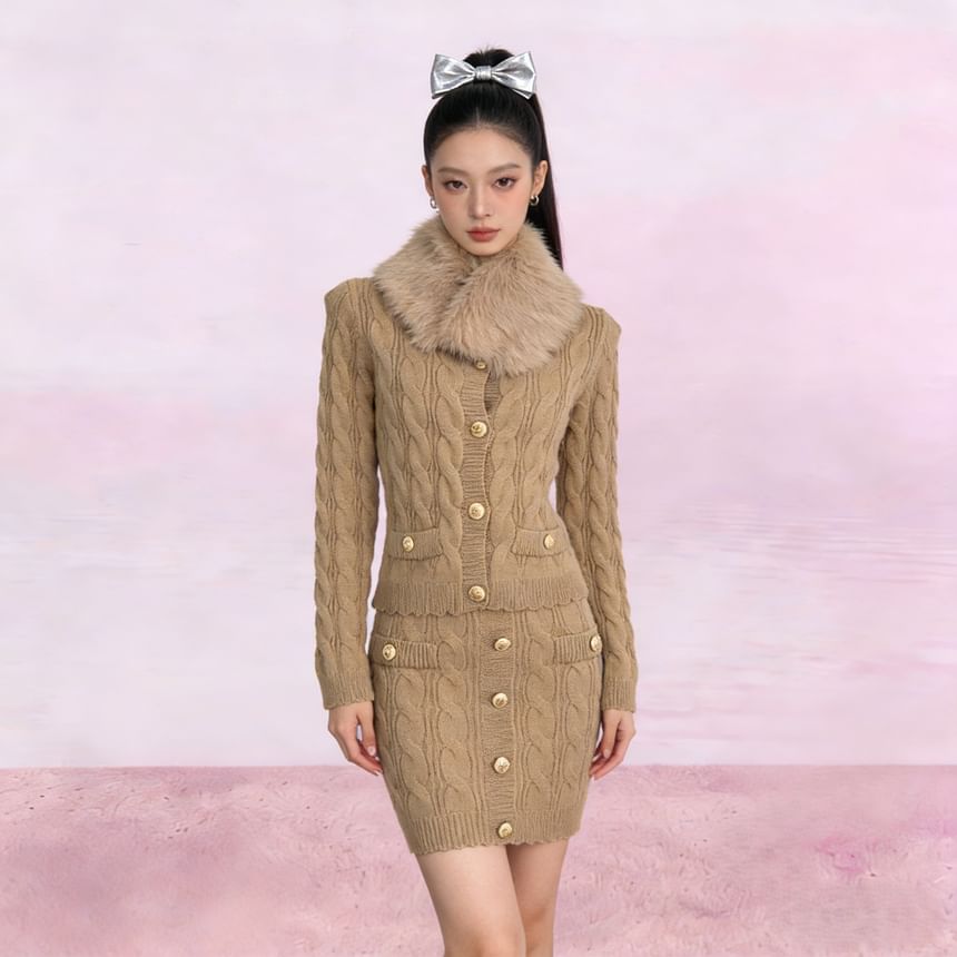 Fluffy Collar V-Neck Button-Up Cardigan + High Waist Mini Knit Skirt