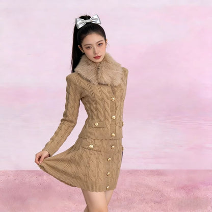 Fluffy Collar V-Neck Button-Up Cardigan + High Waist Mini Knit Skirt