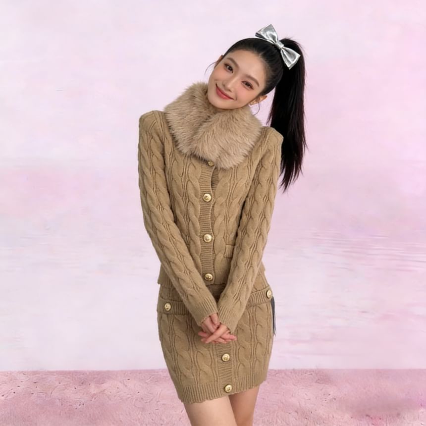 Fluffy Collar V-Neck Button-Up Cardigan + High Waist Mini Knit Skirt