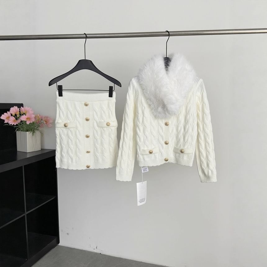 Fluffy Collar V-Neck Button-Up Cardigan + High Waist Mini Knit Skirt