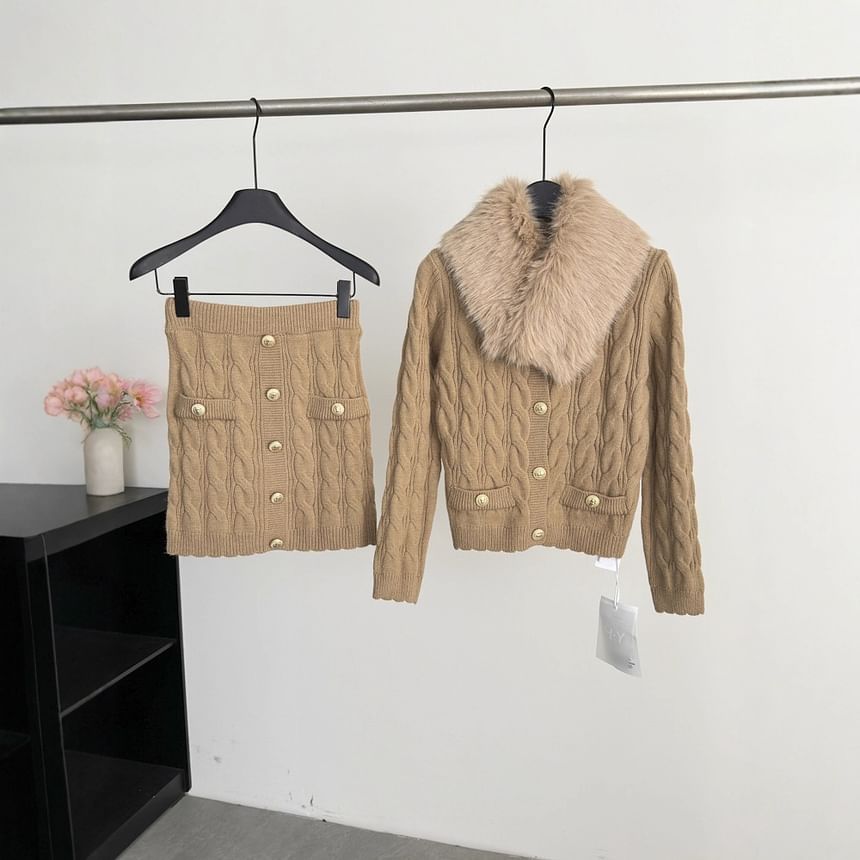 Fluffy Collar V-Neck Button-Up Cardigan + High Waist Mini Knit Skirt