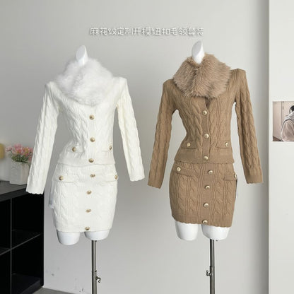Fluffy Collar V-Neck Button-Up Cardigan + High Waist Mini Knit Skirt