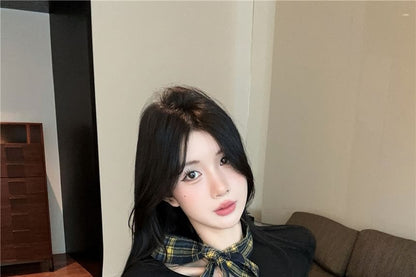 Extended Sleeve Off Shoulder Plaid Panel Tee