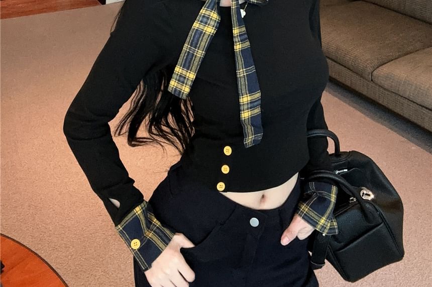 Extended Sleeve Off Shoulder Plaid Panel Tee