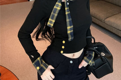 Extended Sleeve Off Shoulder Plaid Panel Tee