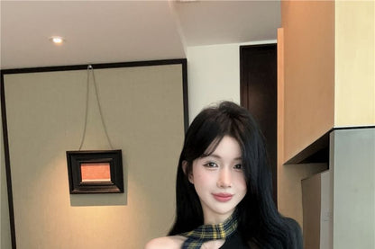Extended Sleeve Off Shoulder Plaid Panel Tee