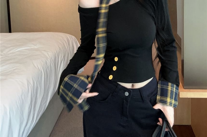 Extended Sleeve Off Shoulder Plaid Panel Tee