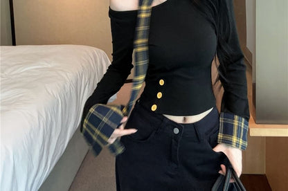 Extended Sleeve Off Shoulder Plaid Panel Tee