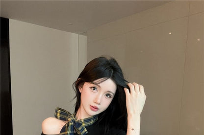 Extended Sleeve Off Shoulder Plaid Panel Tee