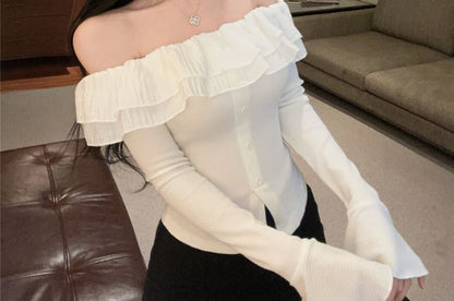 Long Sleeve Off-the-shoulder Solid Ruffle Trim Cropped Button Top