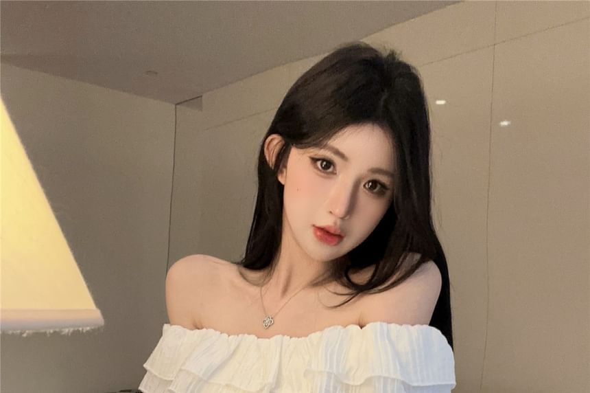 Long Sleeve Off-the-shoulder Solid Ruffle Trim Cropped Button Top