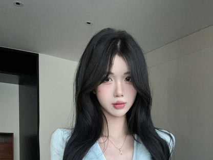 Fluffy Trim Button Blouse - Extended Sleeve V-Neck