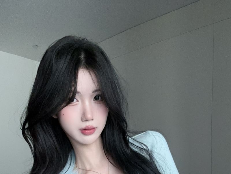 Fluffy Trim Button Blouse - Extended Sleeve V-Neck