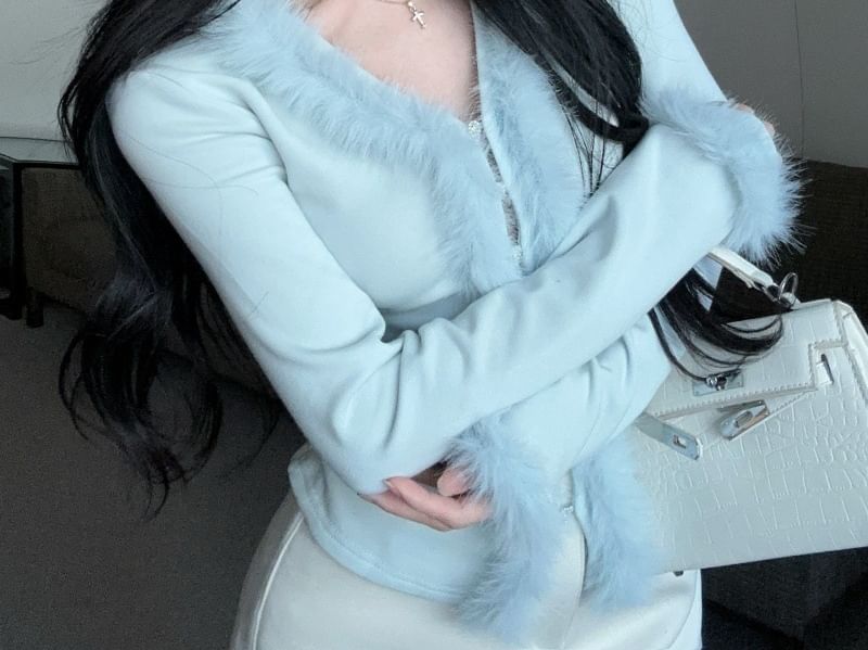 Fluffy Trim Button Blouse - Extended Sleeve V-Neck