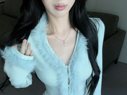 Fluffy Trim Button Blouse - Extended Sleeve V-Neck