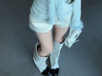 Fluffy Trim Button Blouse - Extended Sleeve V-Neck