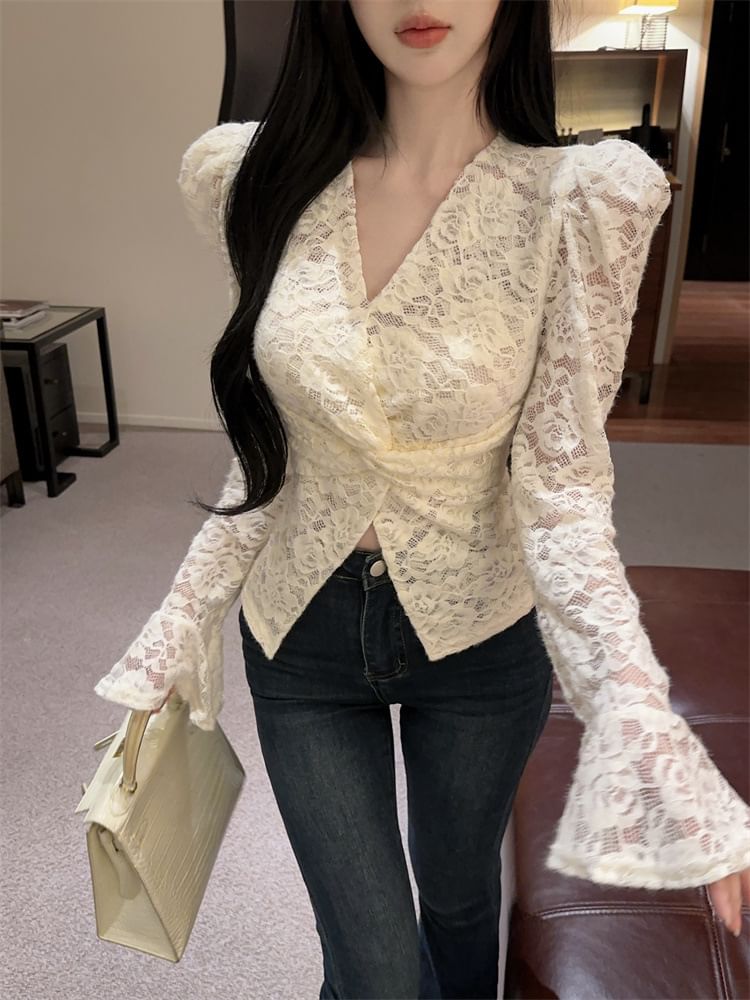 Extended Sleeve V-Neck Lace Twist Front Blouse