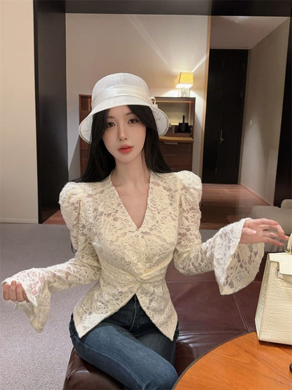 Extended Sleeve V-Neck Lace Twist Front Blouse