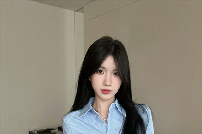 Extended Sleeve Collared Pinstriped Button Up Shirt