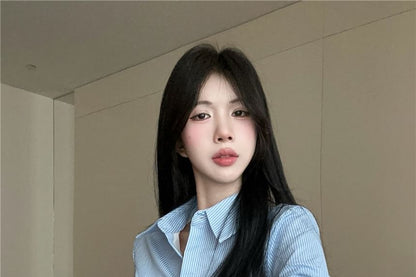 Extended Sleeve Collared Pinstriped Button Up Shirt