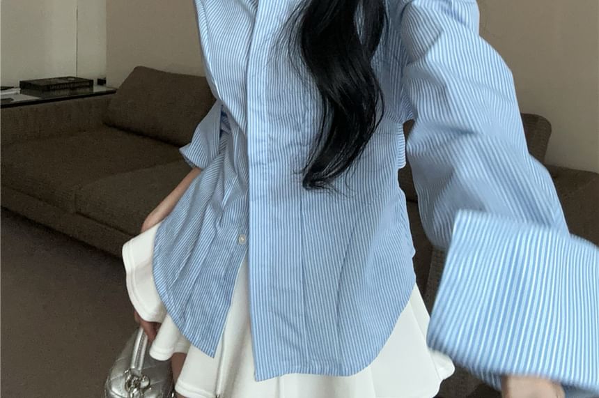 Extended Sleeve Collared Pinstriped Button Up Shirt
