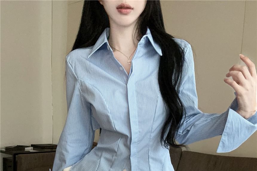 Extended Sleeve Collared Pinstriped Button Up Shirt