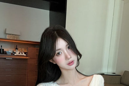 Extended Sleeve Off Shoulder Solid Lace Trim Ruched Tee