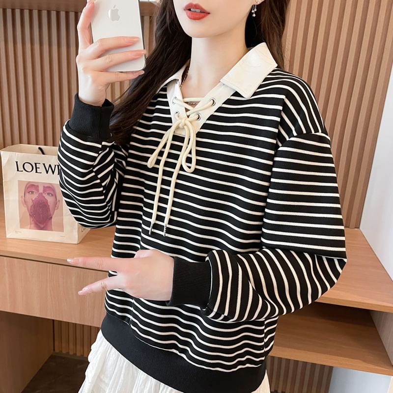 Contrast Collar Striped Lace-Up Sweatshirt