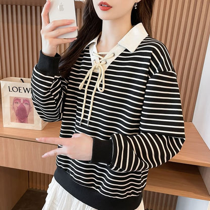 Contrast Collar Striped Lace-Up Sweatshirt