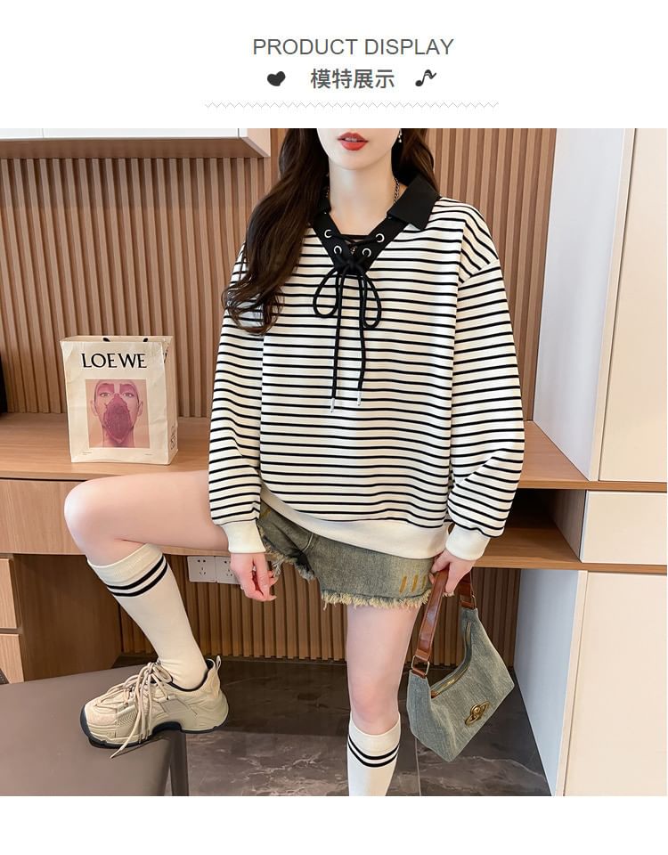 Contrast Collar Striped Lace-Up Sweatshirt
