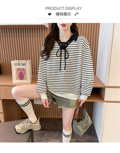 Contrast Collar Striped Lace-Up Sweatshirt