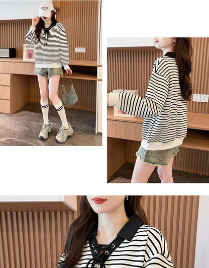Contrast Collar Striped Lace-Up Sweatshirt